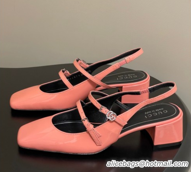Pretty Style Gucci Patent Leather Slingback Pump 5.5cm with Strass GG Buckle Strap Peachy Pink 0828015