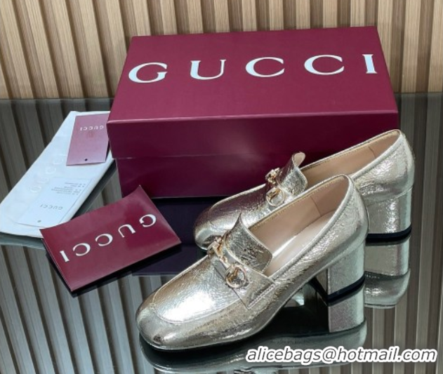 Grade Quality Gucci Loafer Pumps 5.5cm with Horsebit in Metallic Leather Gold 832443