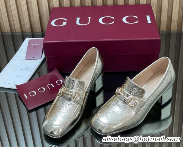Grade Quality Gucci Loafer Pumps 5.5cm with Horsebit in Metallic Leather Gold 832443