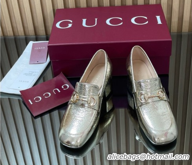 Grade Quality Gucci Loafer Pumps 5.5cm with Horsebit in Metallic Leather Gold 832443