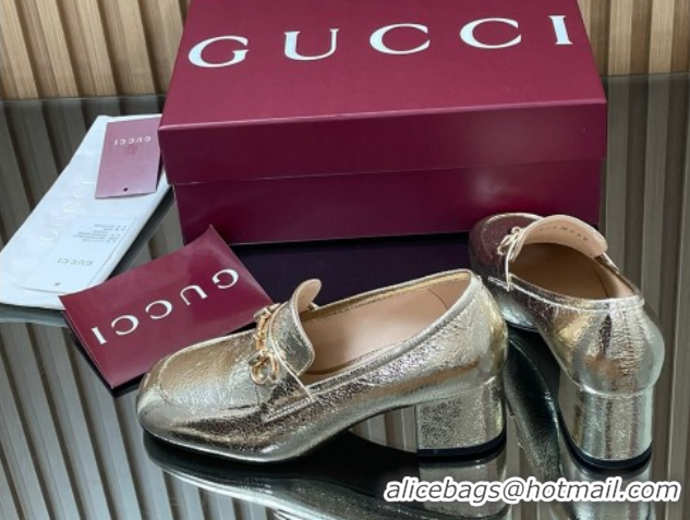 Grade Quality Gucci Loafer Pumps 5.5cm with Horsebit in Metallic Leather Gold 832443