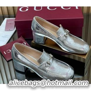 Low Price Gucci Loafer Pumps 5.5cm with Horsebit in Metallic Leather Silver 2025 832443