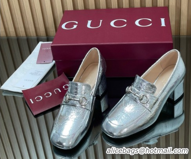 Low Price Gucci Loafer Pumps 5.5cm with Horsebit in Metallic Leather Silver 2025 832443