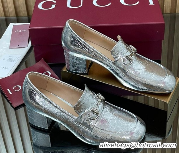 Low Price Gucci Loafer Pumps 5.5cm with Horsebit in Metallic Leather Silver 2025 832443