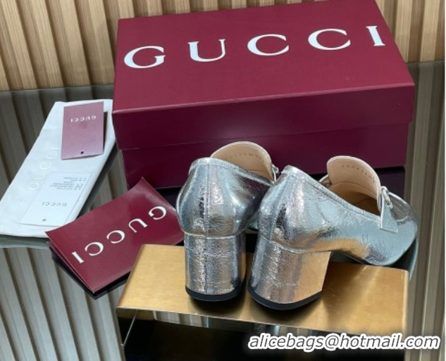 Low Price Gucci Loafer Pumps 5.5cm with Horsebit in Metallic Leather Silver 2025 832443
