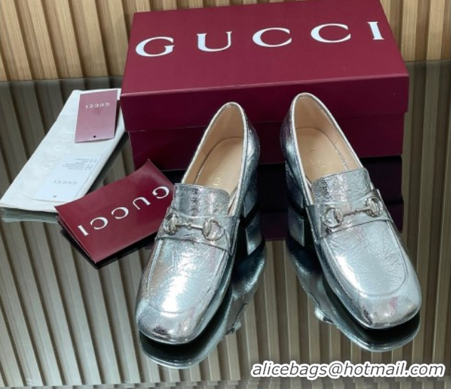Low Price Gucci Loafer Pumps 5.5cm with Horsebit in Metallic Leather Silver 2025 832443