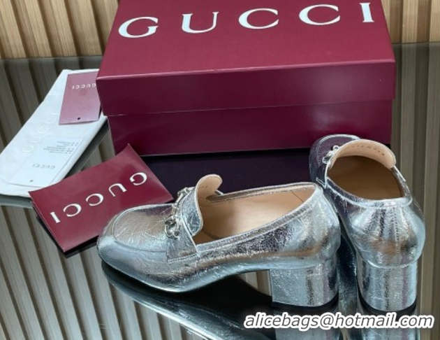 Low Price Gucci Loafer Pumps 5.5cm with Horsebit in Metallic Leather Silver 2025 832443