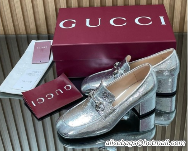 Low Price Gucci Loafer Pumps 5.5cm with Horsebit in Metallic Leather Silver 2025 832443