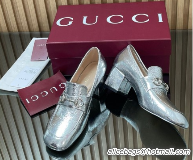 Low Price Gucci Loafer Pumps 5.5cm with Horsebit in Metallic Leather Silver 2025 832443