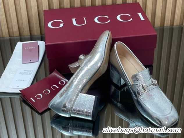 Low Price Gucci Loafer Pumps 5.5cm with Horsebit in Metallic Leather Silver 2025 832443