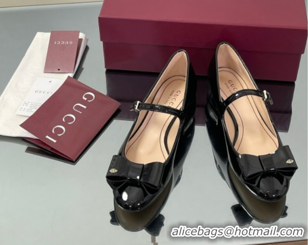 Luxurious Gucci Bow Mary Jane Ballet Flats in Patent Leather Black 835748