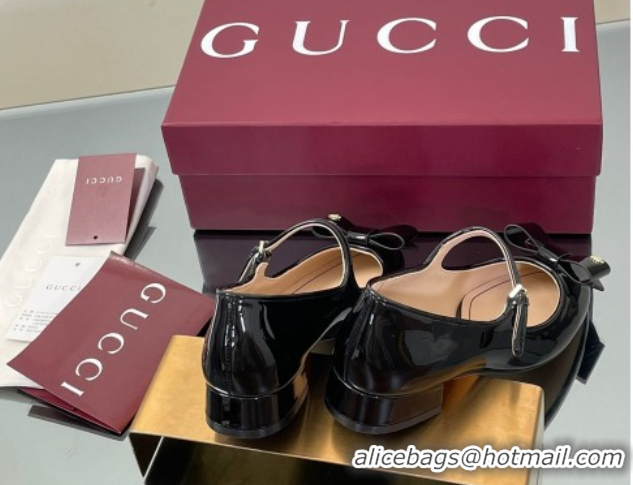 Luxurious Gucci Bow Mary Jane Ballet Flats in Patent Leather Black 835748