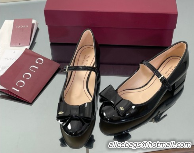 Luxurious Gucci Bow Mary Jane Ballet Flats in Patent Leather Black 835748