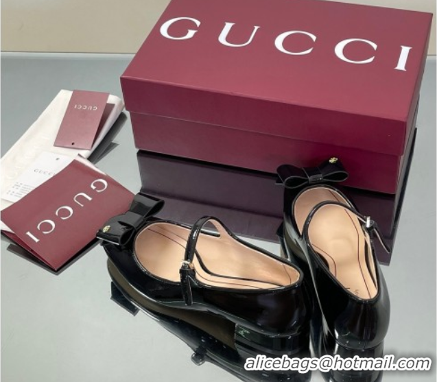 Luxurious Gucci Bow Mary Jane Ballet Flats in Patent Leather Black 835748