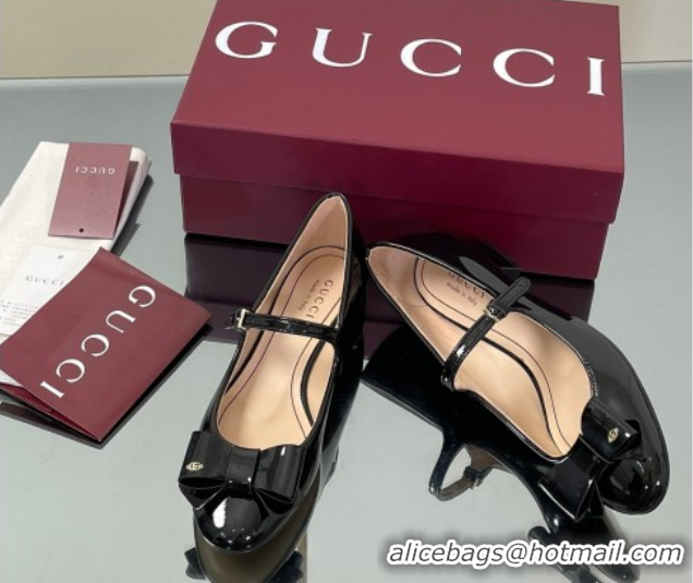Luxurious Gucci Bow Mary Jane Ballet Flats in Patent Leather Black 835748