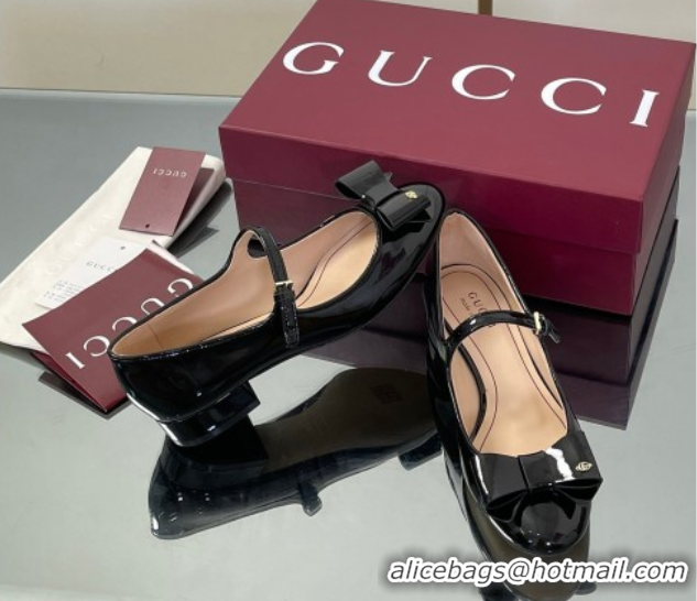 Luxurious Gucci Bow Mary Jane Ballet Flats in Patent Leather Black 835748