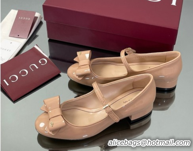 Unique Style Gucci Bow Mary Jane Ballet Flats in Patent Leather Nude 2025 835748