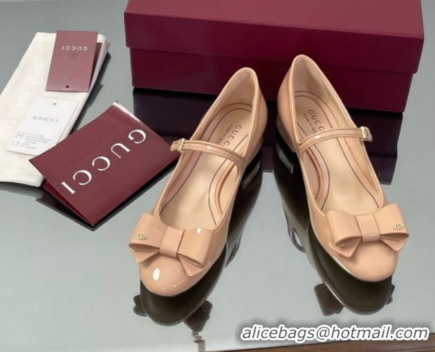 Unique Style Gucci Bow Mary Jane Ballet Flats in Patent Leather Nude 2025 835748