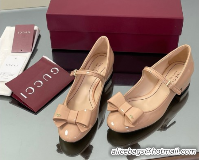 Unique Style Gucci Bow Mary Jane Ballet Flats in Patent Leather Nude 2025 835748