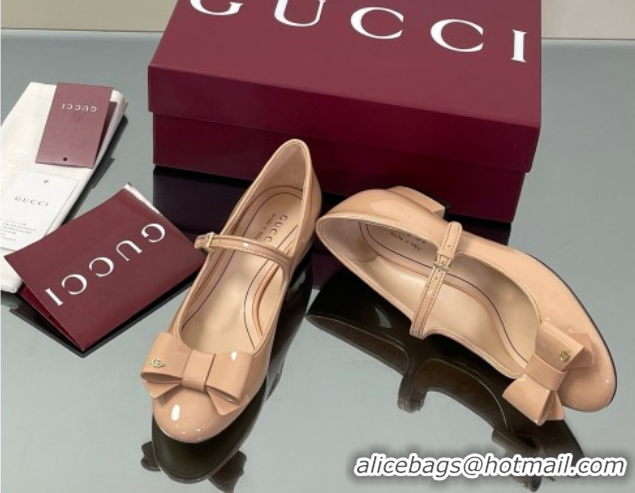 Unique Style Gucci Bow Mary Jane Ballet Flats in Patent Leather Nude 2025 835748