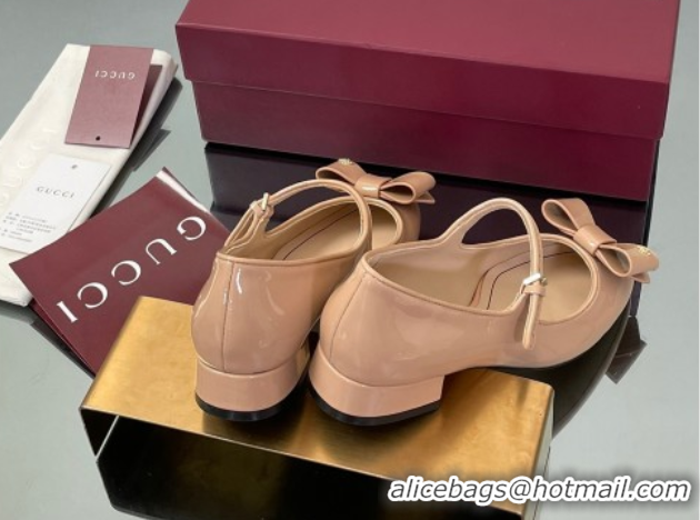 Unique Style Gucci Bow Mary Jane Ballet Flats in Patent Leather Nude 2025 835748