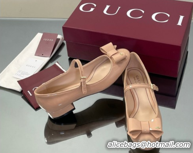 Unique Style Gucci Bow Mary Jane Ballet Flats in Patent Leather Nude 2025 835748