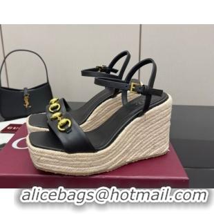 Good Looking Gucci Espadrille Wedge Sandals 10cm in Leather with Horsebit Black GG082802