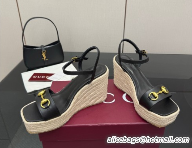 Good Looking Gucci Espadrille Wedge Sandals 10cm in Leather with Horsebit Black GG082802