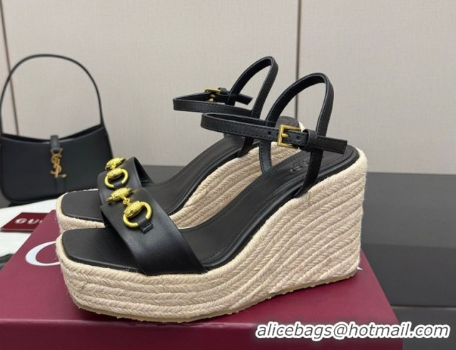 Good Looking Gucci Espadrille Wedge Sandals 10cm in Leather with Horsebit Black GG082802
