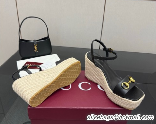 Good Looking Gucci Espadrille Wedge Sandals 10cm in Leather with Horsebit Black GG082802