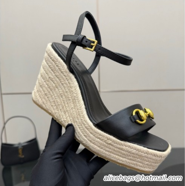 Good Looking Gucci Espadrille Wedge Sandals 10cm in Leather with Horsebit Black GG082802