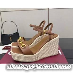 Low Cost Gucci Espadrille Wedge Sandals 10cm in Leather with Horsebit Brown 2025 GG082802