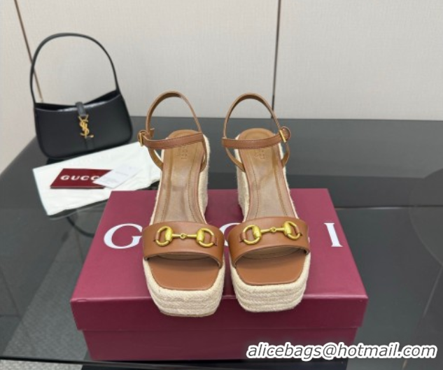 Low Cost Gucci Espadrille Wedge Sandals 10cm in Leather with Horsebit Brown 2025 GG082802