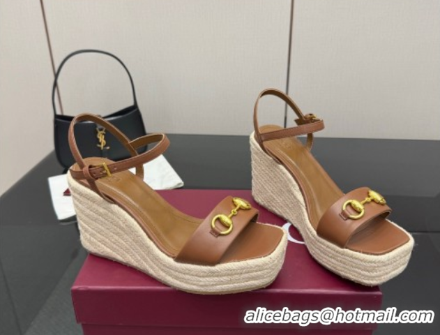 Low Cost Gucci Espadrille Wedge Sandals 10cm in Leather with Horsebit Brown 2025 GG082802