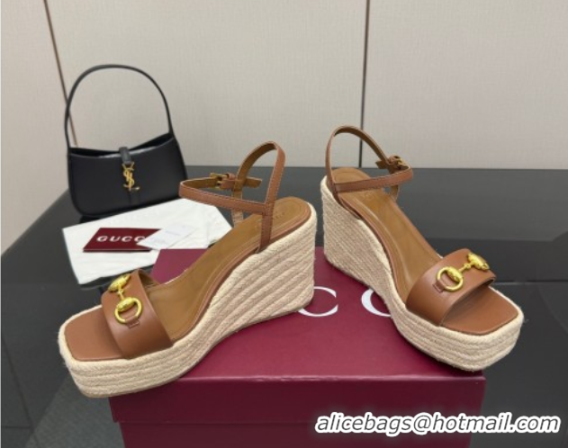 Low Cost Gucci Espadrille Wedge Sandals 10cm in Leather with Horsebit Brown 2025 GG082802