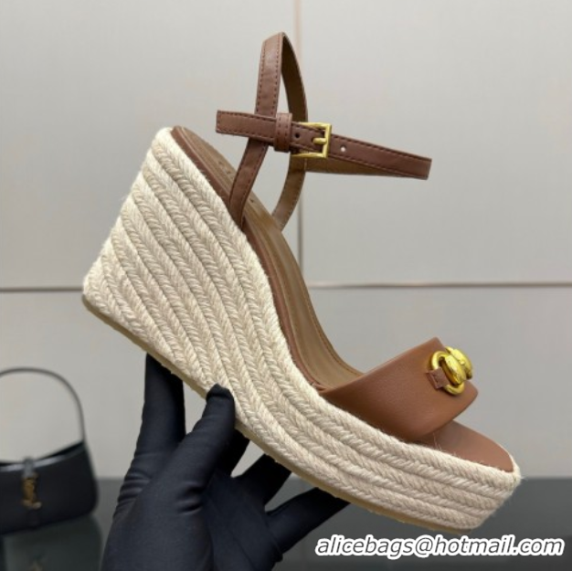 Low Cost Gucci Espadrille Wedge Sandals 10cm in Leather with Horsebit Brown 2025 GG082802