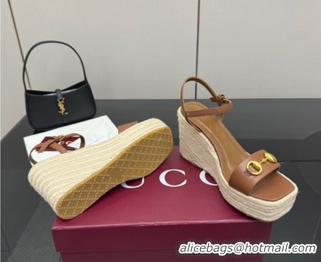 Low Cost Gucci Espadrille Wedge Sandals 10cm in Leather with Horsebit Brown 2025 GG082802