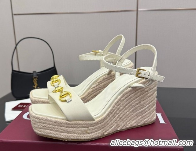 Original Cheap Gucci Espadrille Wedge Sandals 10cm in Leather with Horsebit White 2025 GG082802