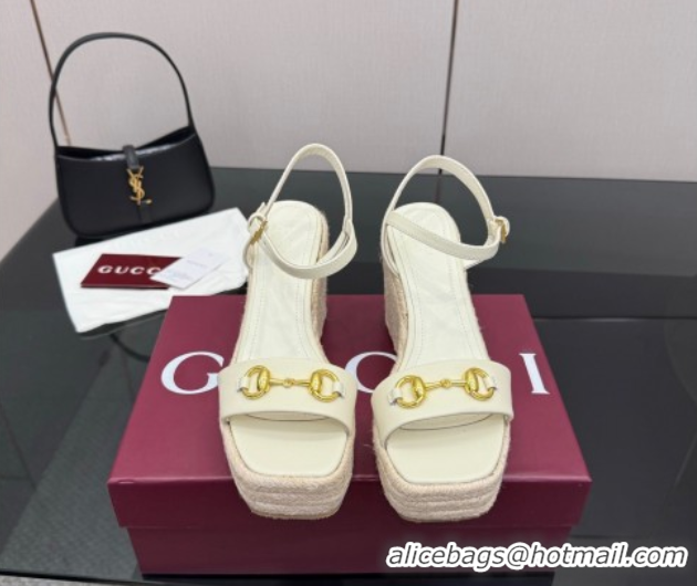 Original Cheap Gucci Espadrille Wedge Sandals 10cm in Leather with Horsebit White 2025 GG082802