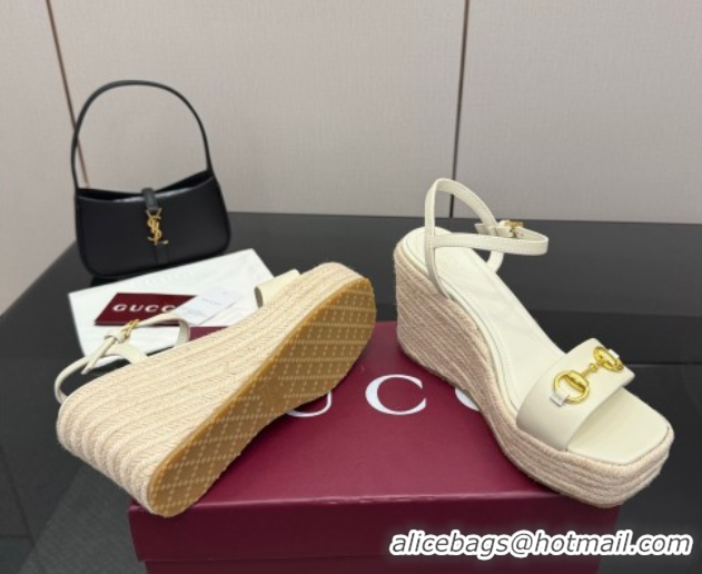 Original Cheap Gucci Espadrille Wedge Sandals 10cm in Leather with Horsebit White 2025 GG082802