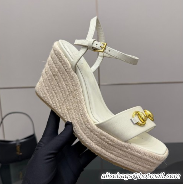 Original Cheap Gucci Espadrille Wedge Sandals 10cm in Leather with Horsebit White 2025 GG082802