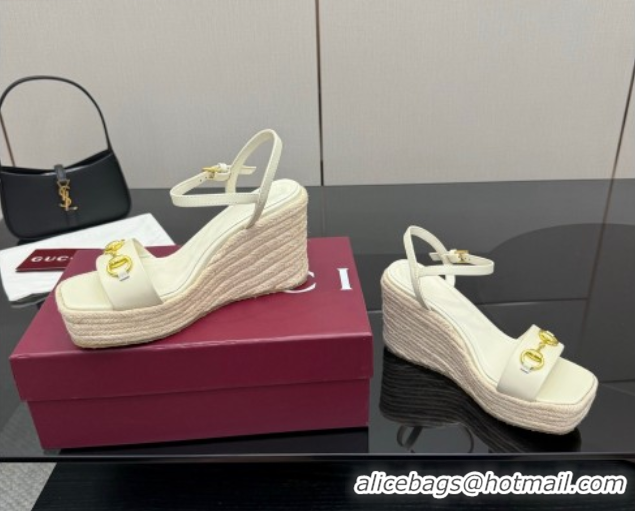 Original Cheap Gucci Espadrille Wedge Sandals 10cm in Leather with Horsebit White 2025 GG082802