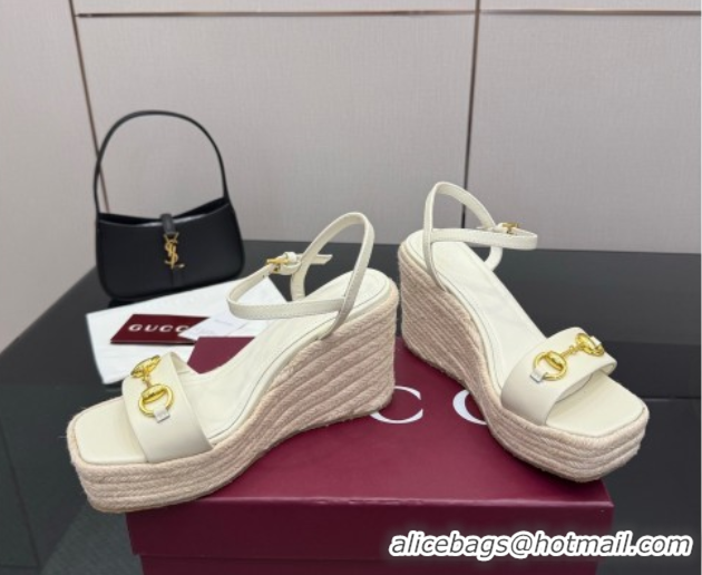 Original Cheap Gucci Espadrille Wedge Sandals 10cm in Leather with Horsebit White 2025 GG082802