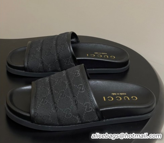 Durable Gucci GG Canvas Flat Slides Sandal Black 2025 GG082803