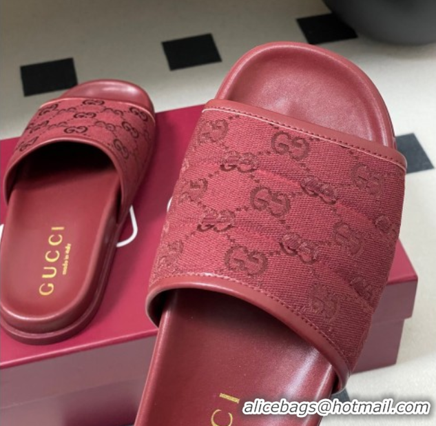 Stylish Gucci GG Canvas Flat Slides Sandal Ancora Red 2025 GG082803