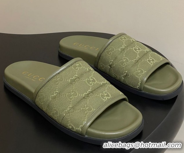 Sophisticated Gucci GG Canvas Flat Slides Sandal Green 2025 GG082803