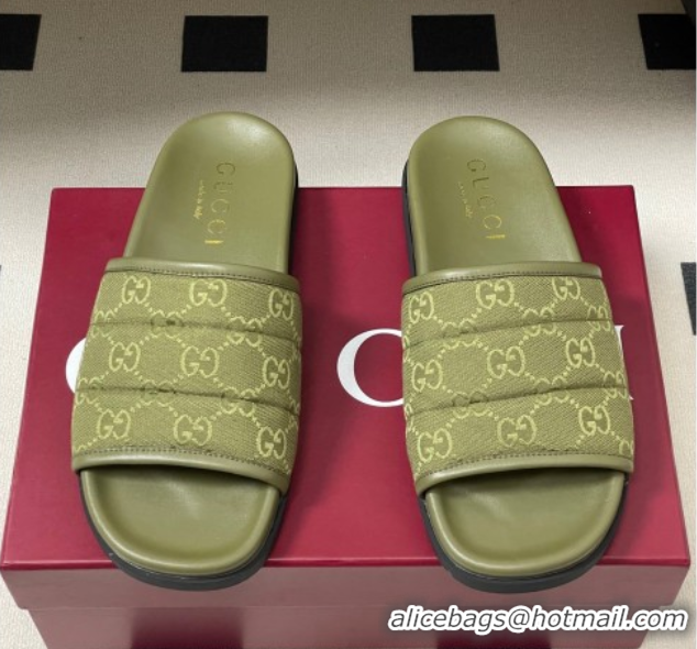 Sophisticated Gucci GG Canvas Flat Slides Sandal Green 2025 GG082803