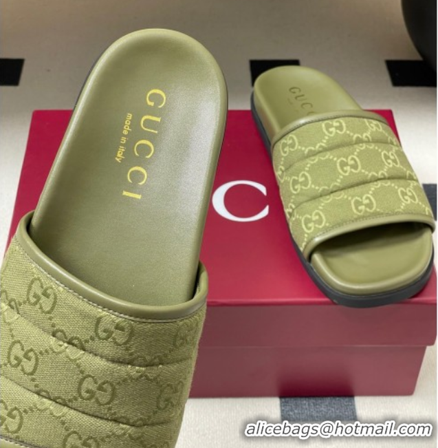 Sophisticated Gucci GG Canvas Flat Slides Sandal Green 2025 GG082803