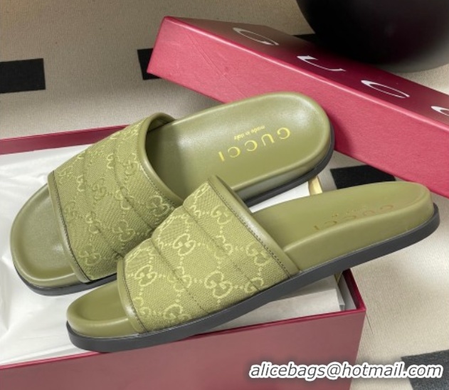 Sophisticated Gucci GG Canvas Flat Slides Sandal Green 2025 GG082803