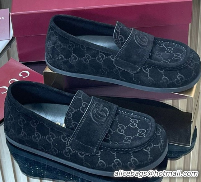 Luxury Discount Gucci GG Suede Flat Loafers Black 2025 GG082804